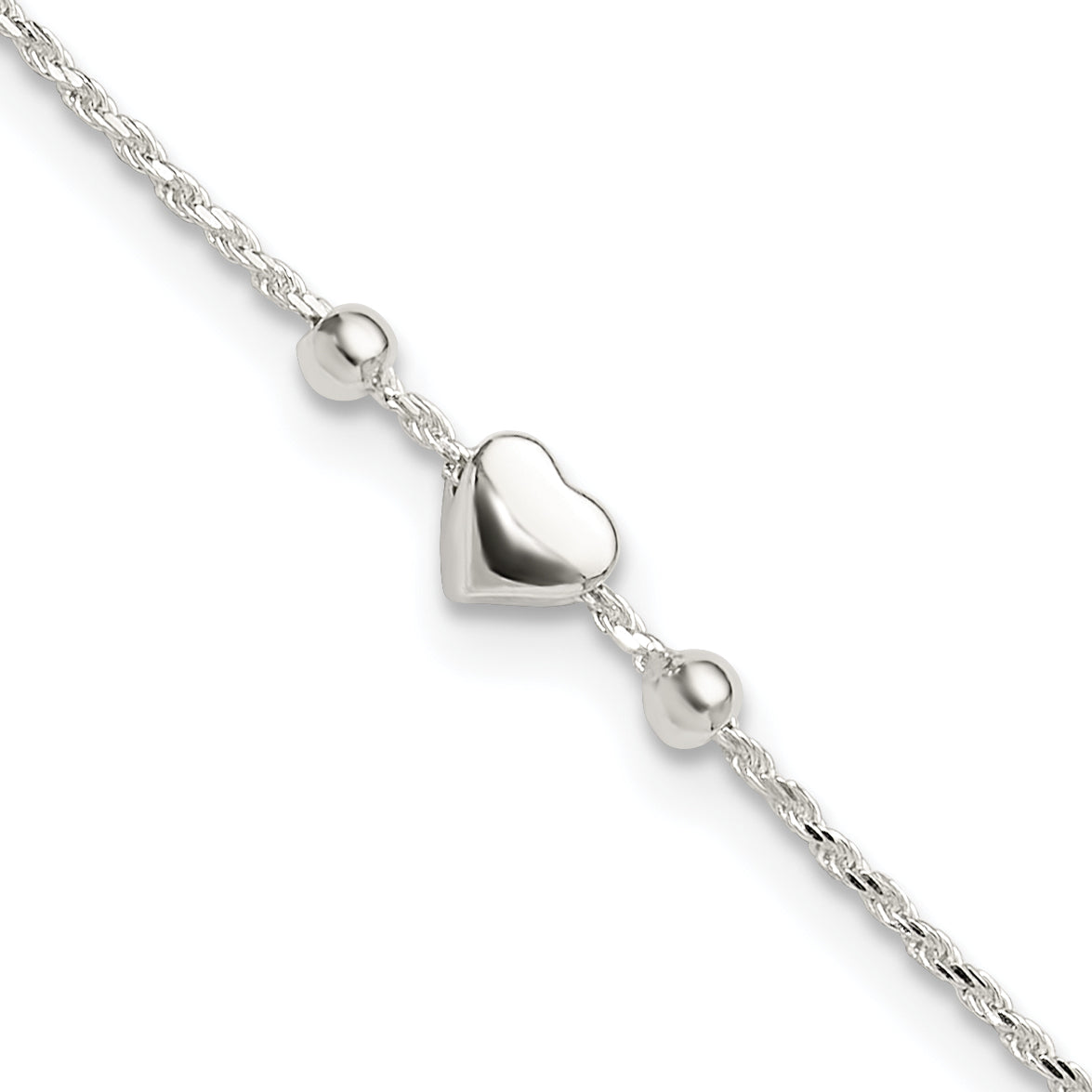 Sterling Silver Polished Heart 9in Plus 1in ext. Anklet