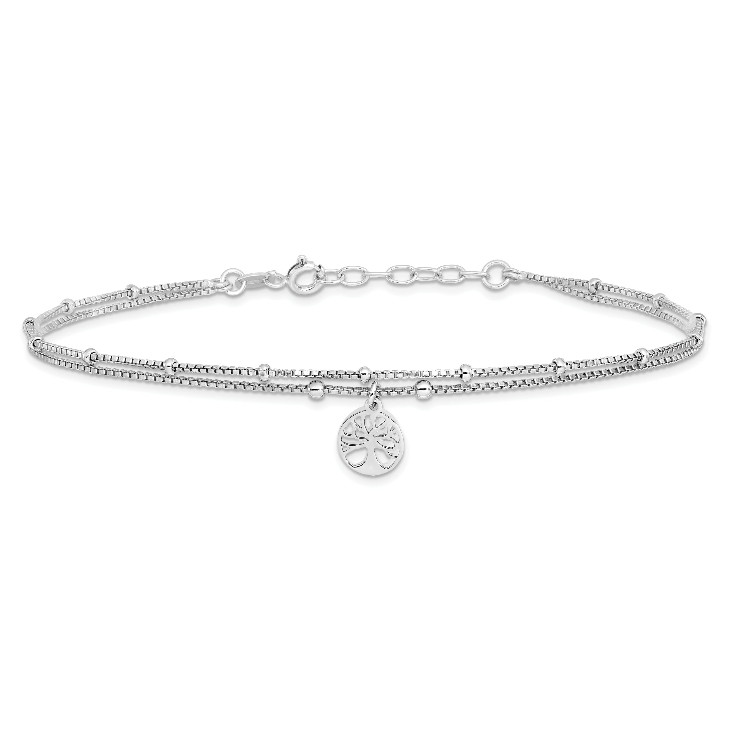 Sterling Silver Rhodium-plated Tree of Life 9in Plus 1in Ext Anklet