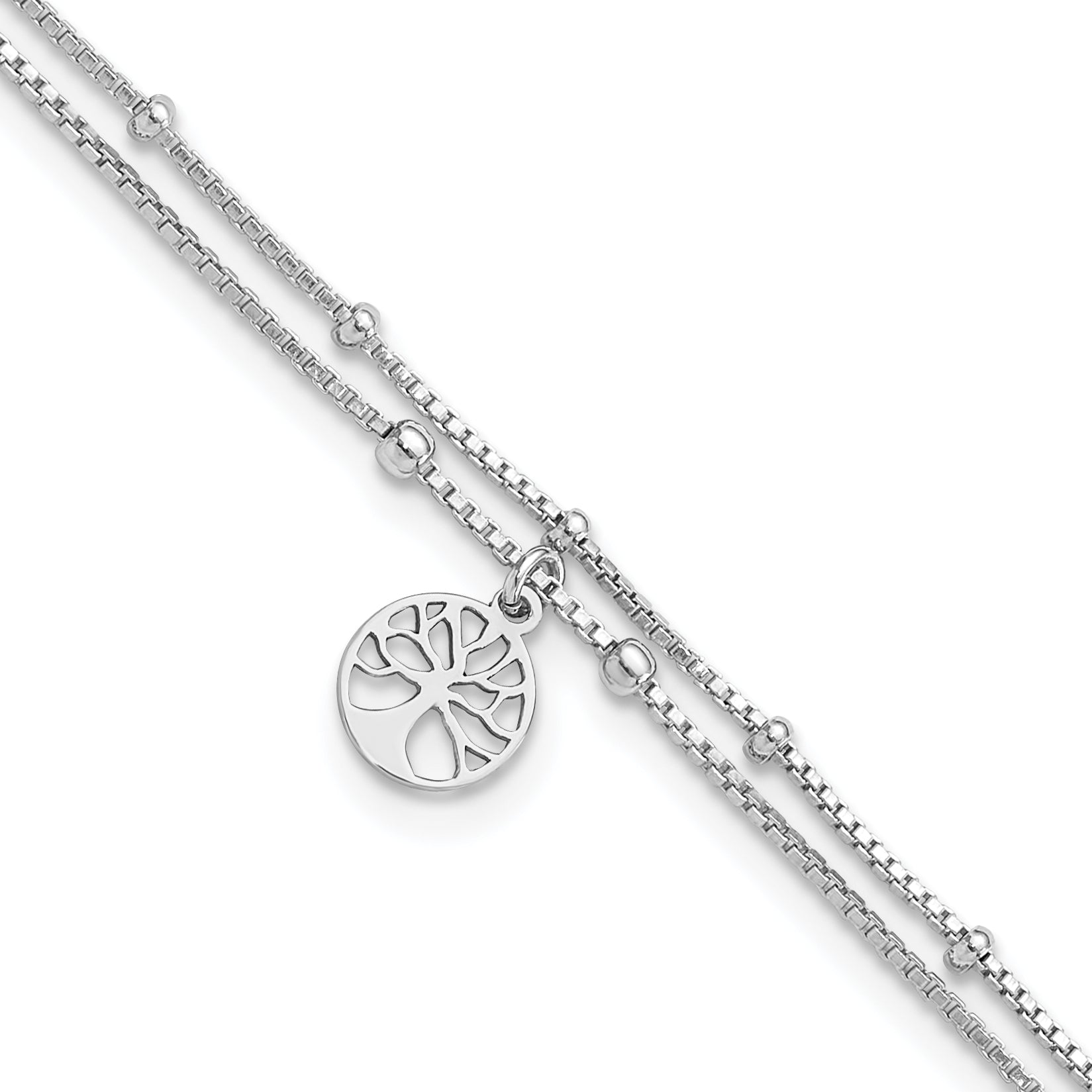 Sterling Silver Rhodium-plated Tree of Life 9in Plus 1in Ext Anklet