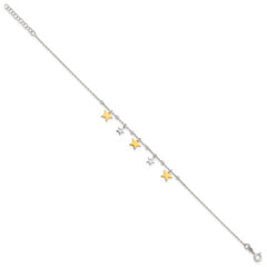 Sterling Silver Gold Tone Dangle Stars 9in Plus 1 Inch Ext Anklet