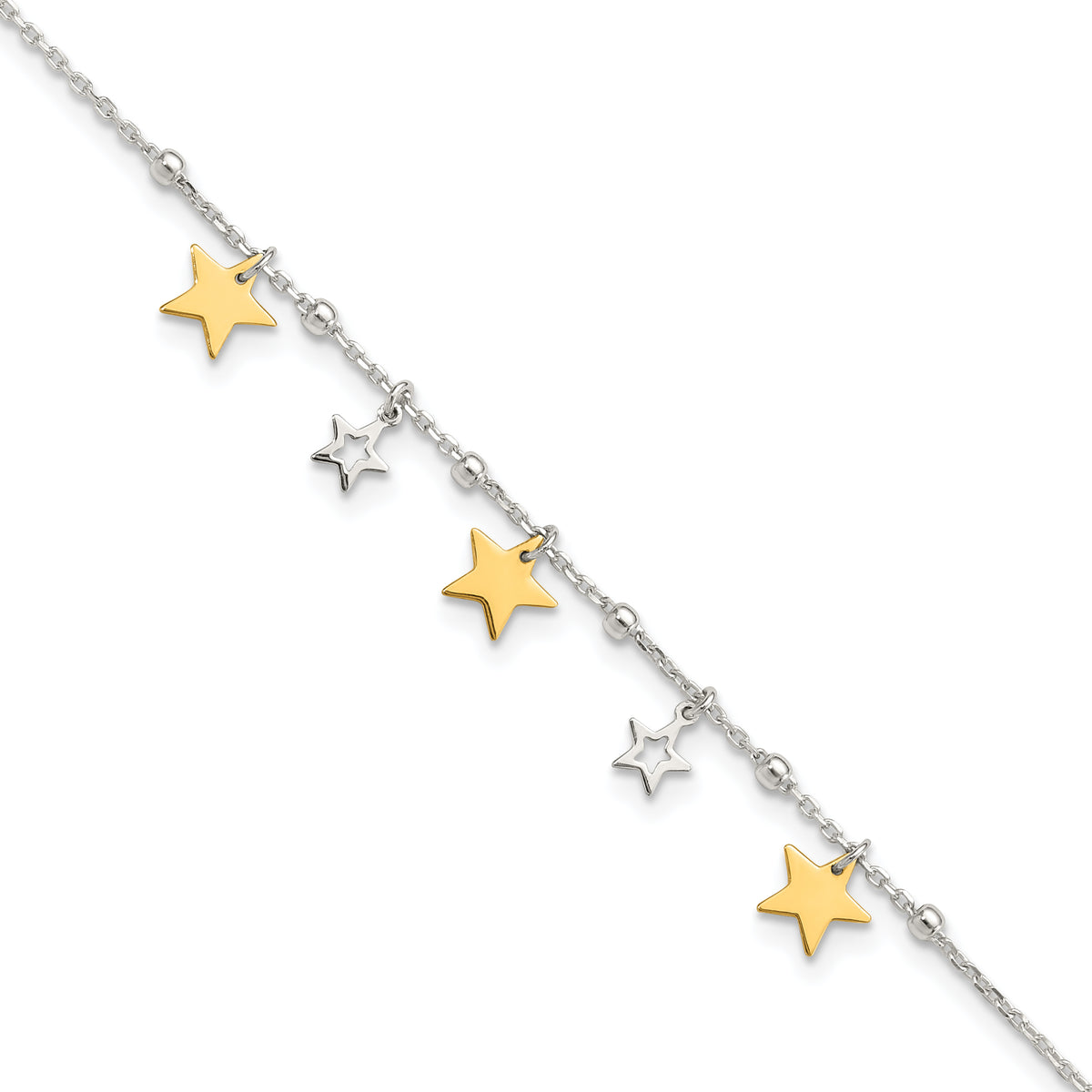 Sterling Silver Gold Tone Dangle Stars 9in Plus 1 Inch Ext Anklet