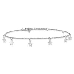 Sterling Silver Rhodium-plated Polished Star 9.5in Plus 1in ext. Anklet