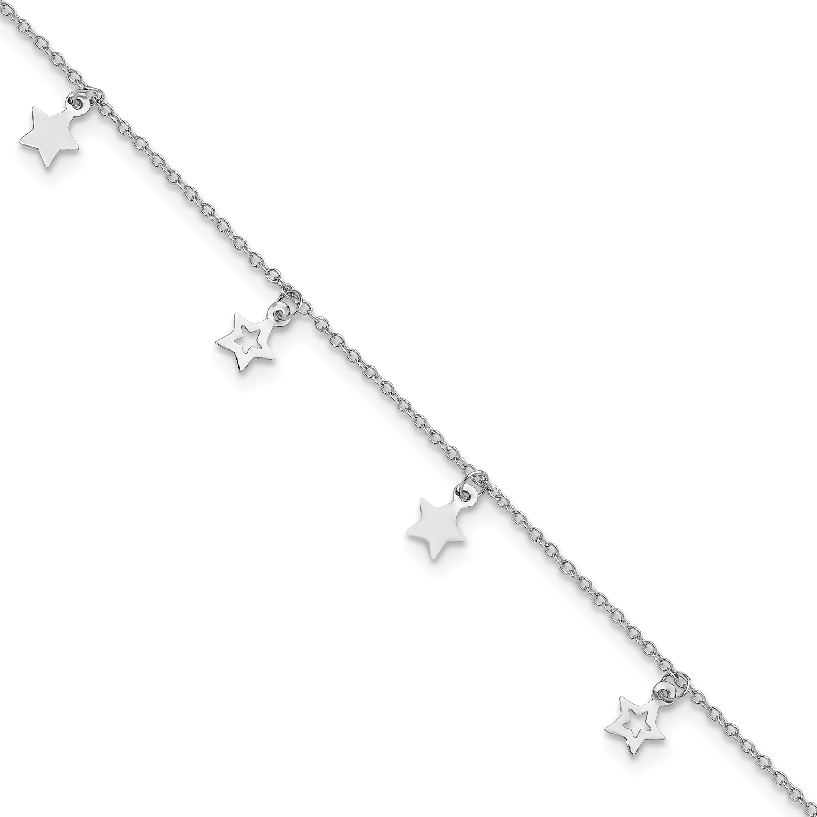 Sterling Silver Rhodium-plated Polished Star 9.5in Plus 1in ext. Anklet