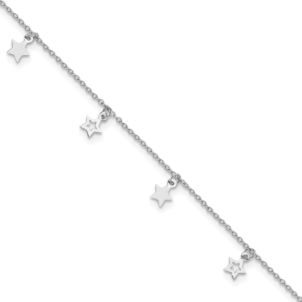 Sterling Silver Rhodium-plated Polished Star 9.5in Plus 1in ext. Anklet