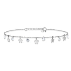 Sterling Silver Rh-plated Polished and Satin Stars CZ 9in Plus 1in ext Ankl