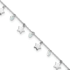 Sterling Silver Rh-plated Polished and Satin Stars CZ 9in Plus 1in ext Ankl