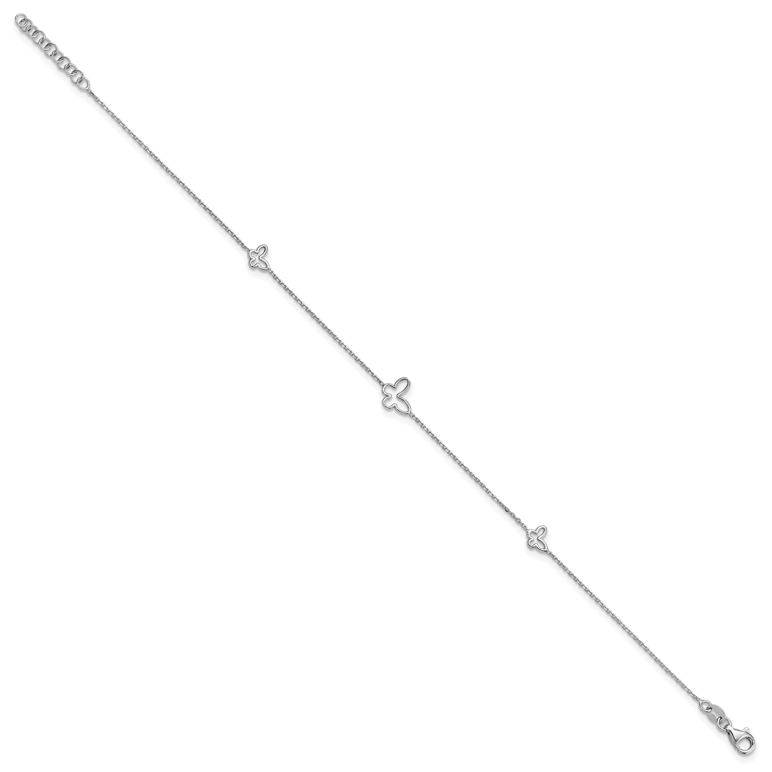 Sterling Silver Rhodium-plated Butterfly 9in Plus 1in Ext. Anklet