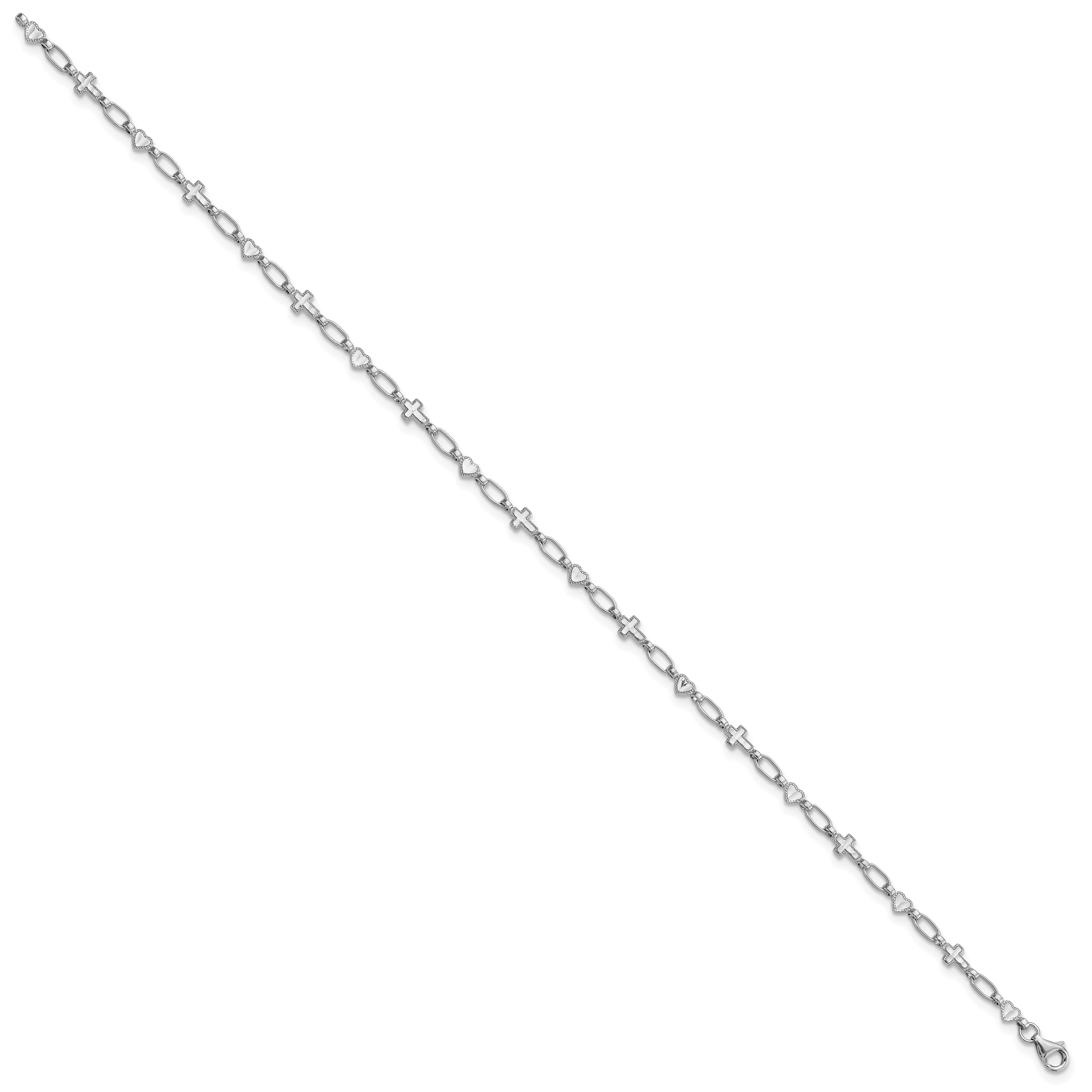 Sterling Silver Rhodium-plated 10 inch Heart and Cross Anklet