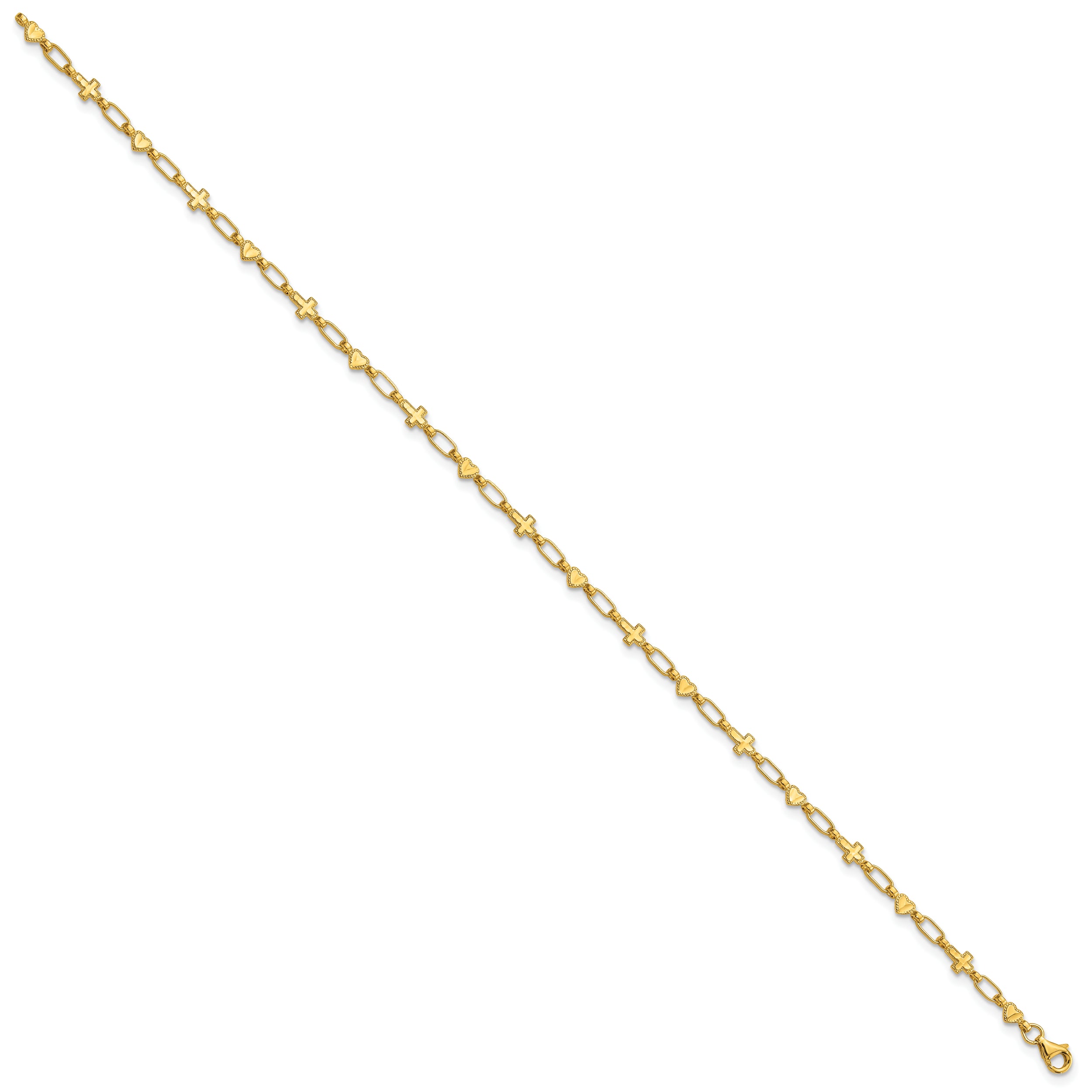 Sterling Silver Gold-tone 10 inch Heart and Cross Anklet