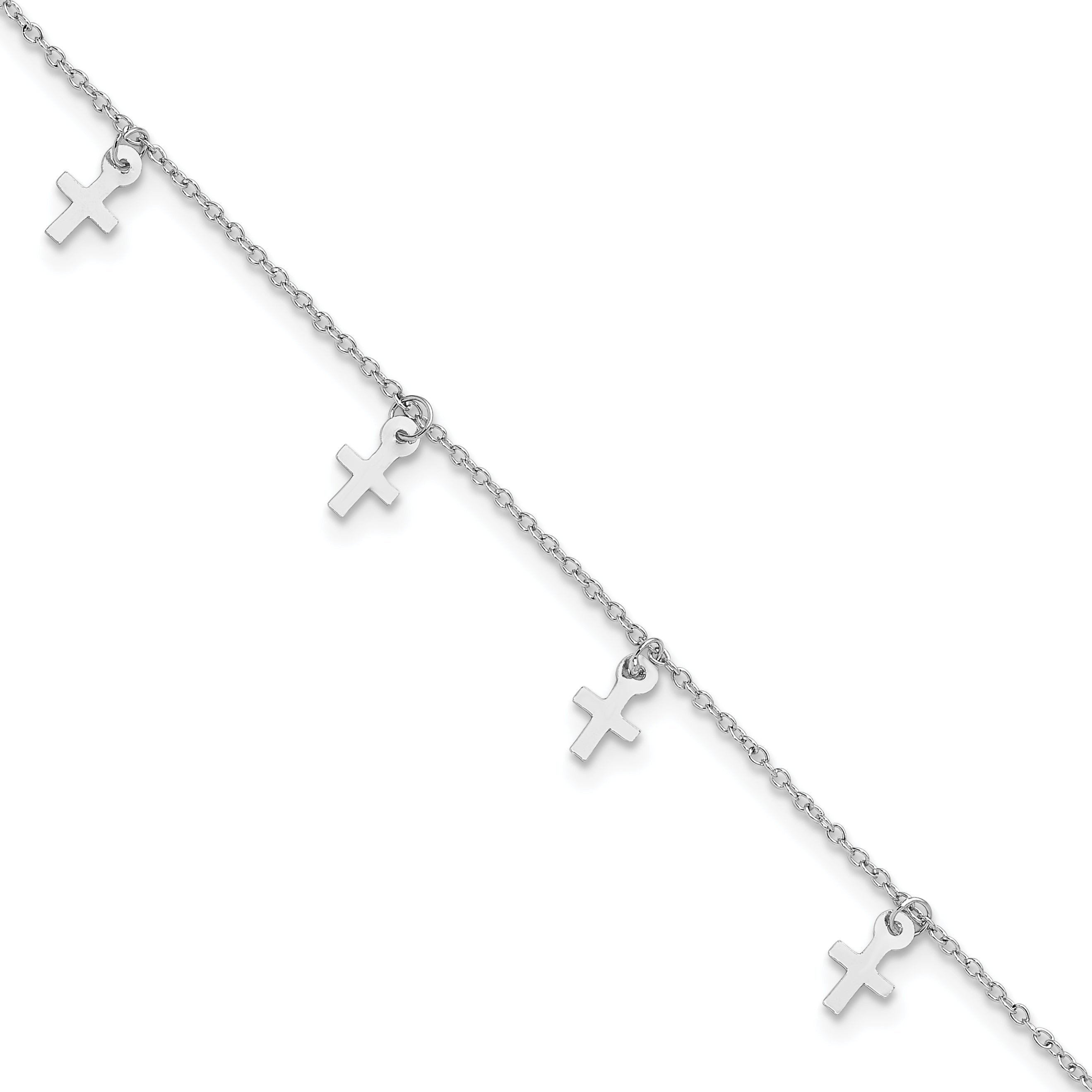 Sterling Silver Rhodium-plated Polished Cross 9.5in Plus 1in ext. Anklet