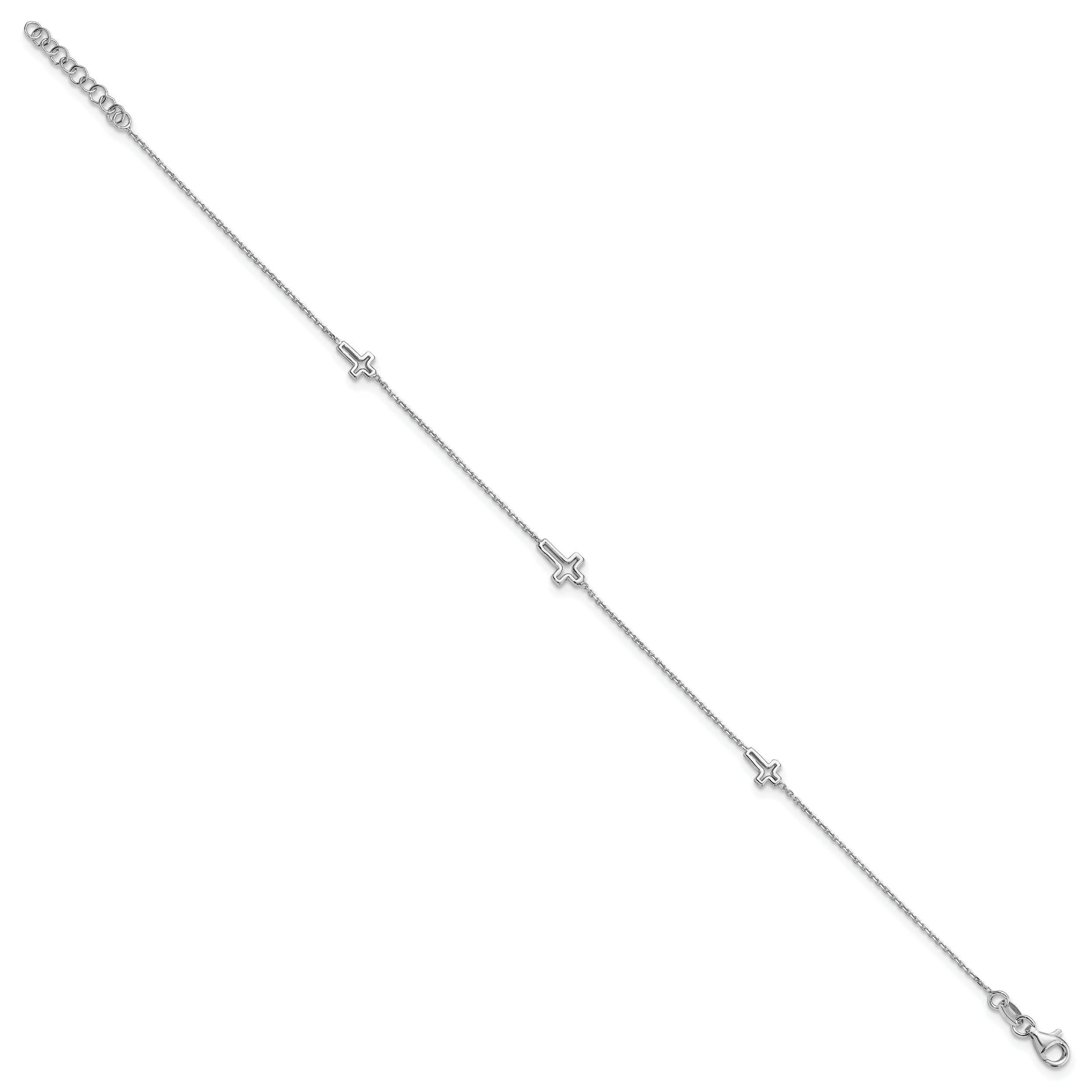 Sterling Silver Rhodium-plated Open Cross 9in Plus 1in Ext. Anklet