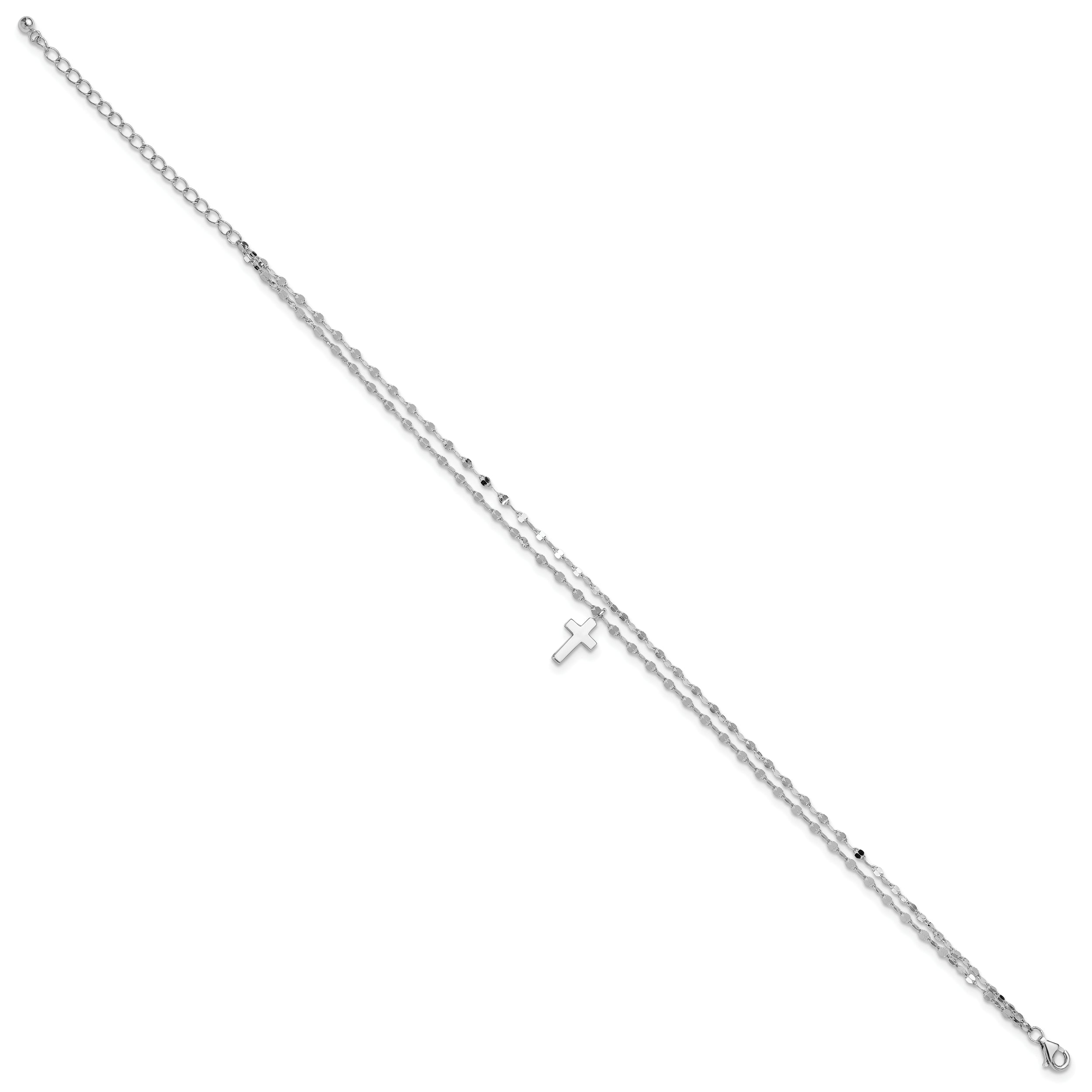 Sterling Silver Rhodium-plated 2-Strand Cross 8.75in Plus 2in ext Anklet