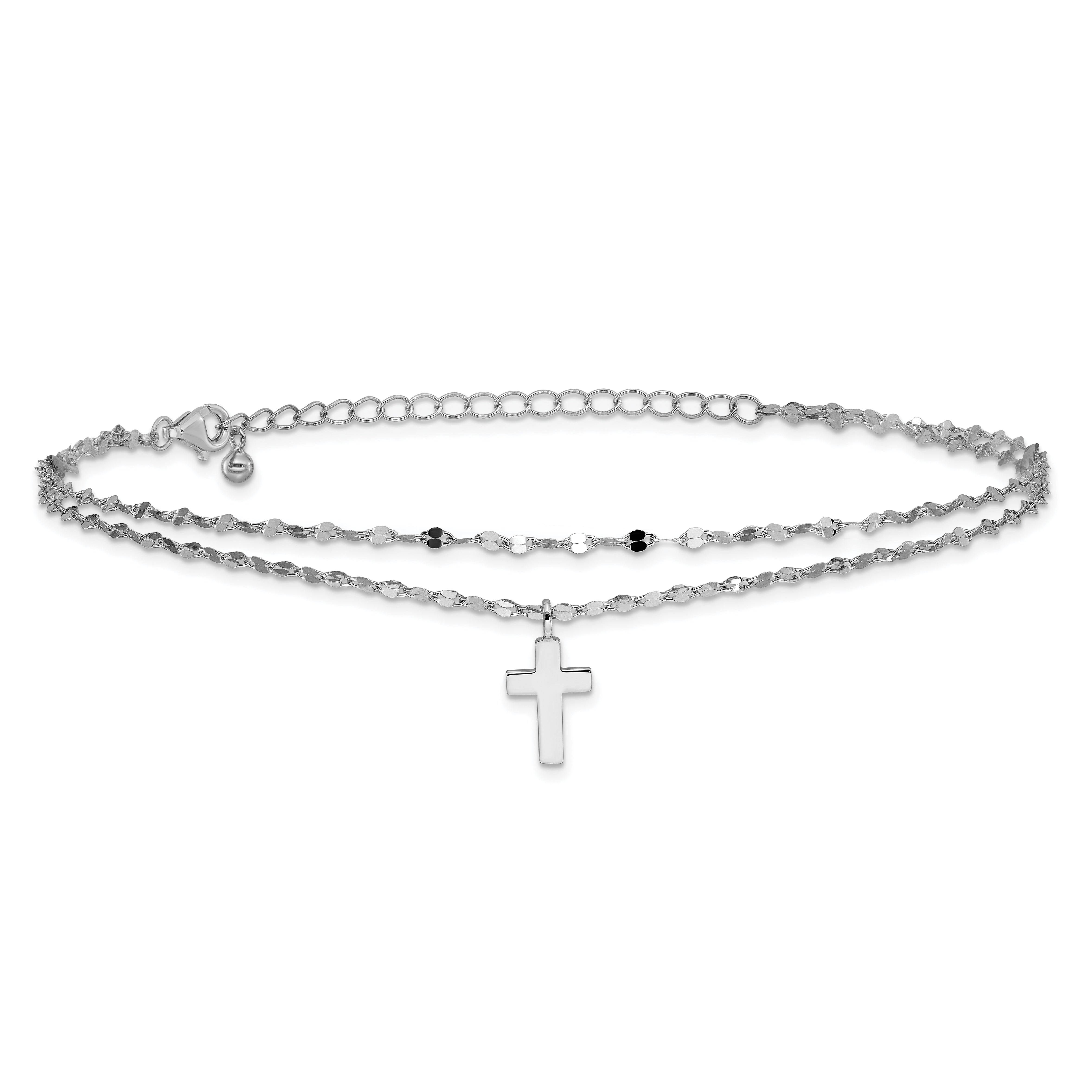 Sterling Silver Rhodium-plated 2-Strand Cross 8.75in Plus 2in ext Anklet