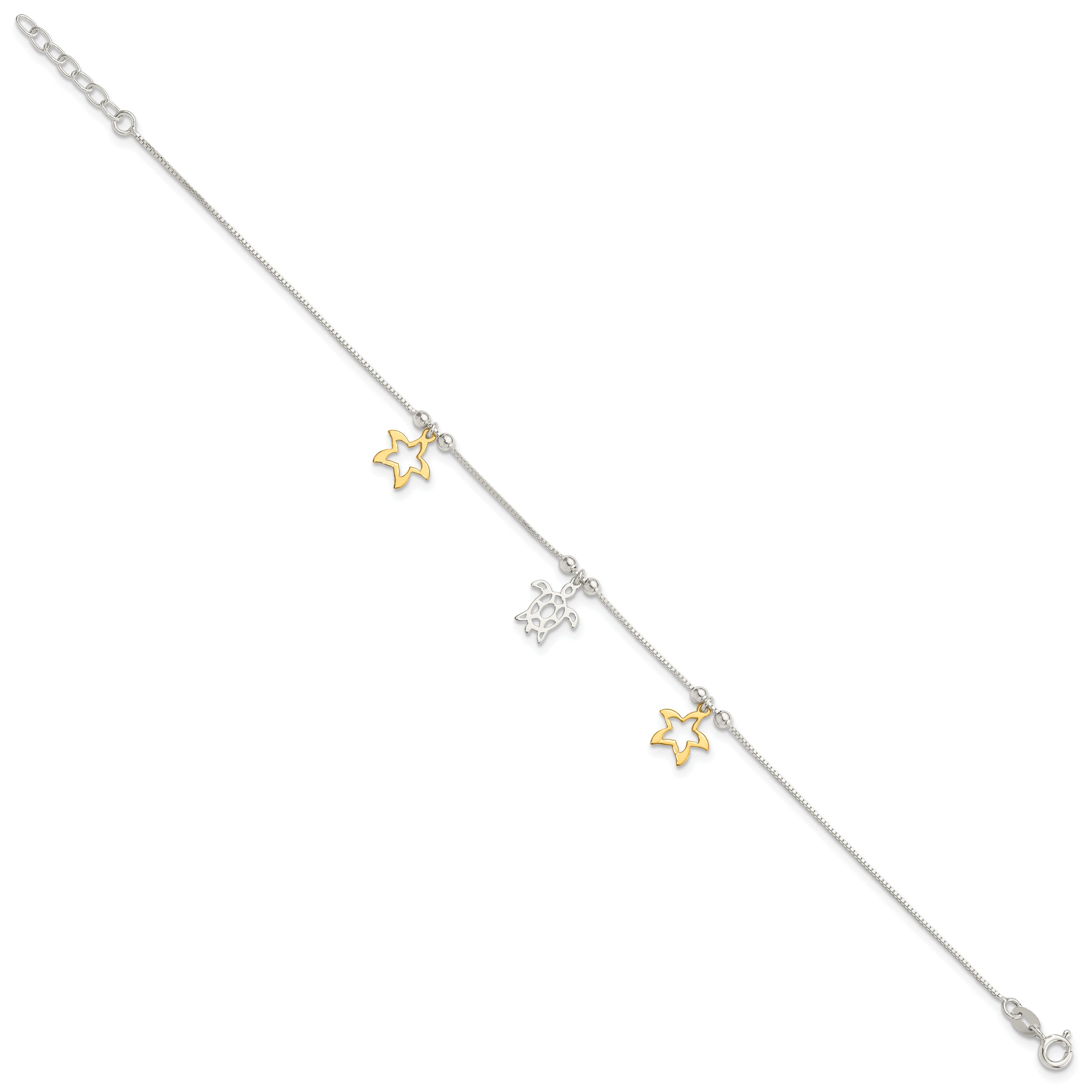 Sterling Silver Gold Tone Turtle and Starfish 9in Plus 1in ext Anklet