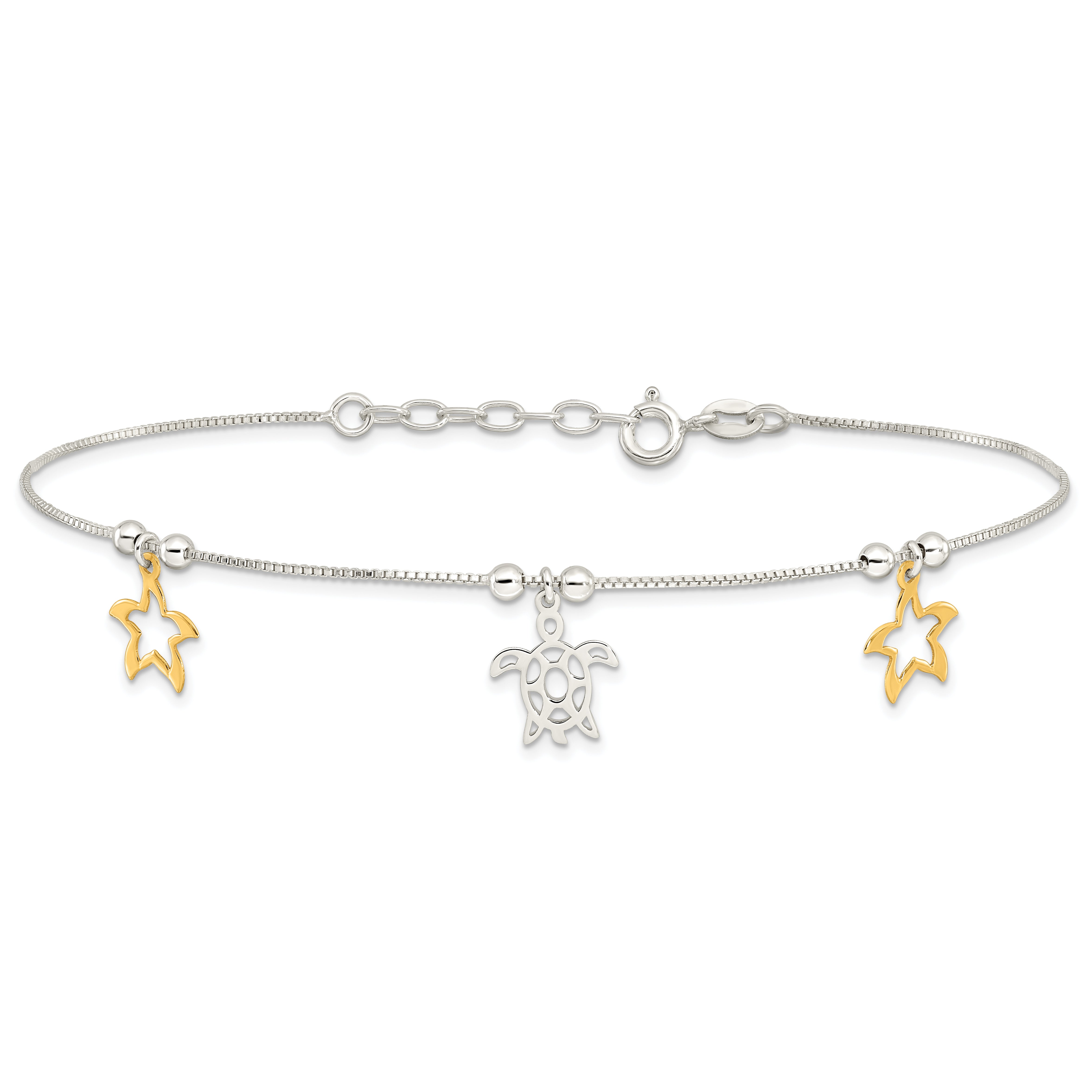 Sterling Silver Gold Tone Turtle and Starfish 9in Plus 1in ext Anklet