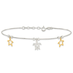 Sterling Silver Gold Tone Turtle and Starfish 9in Plus 1in ext Anklet