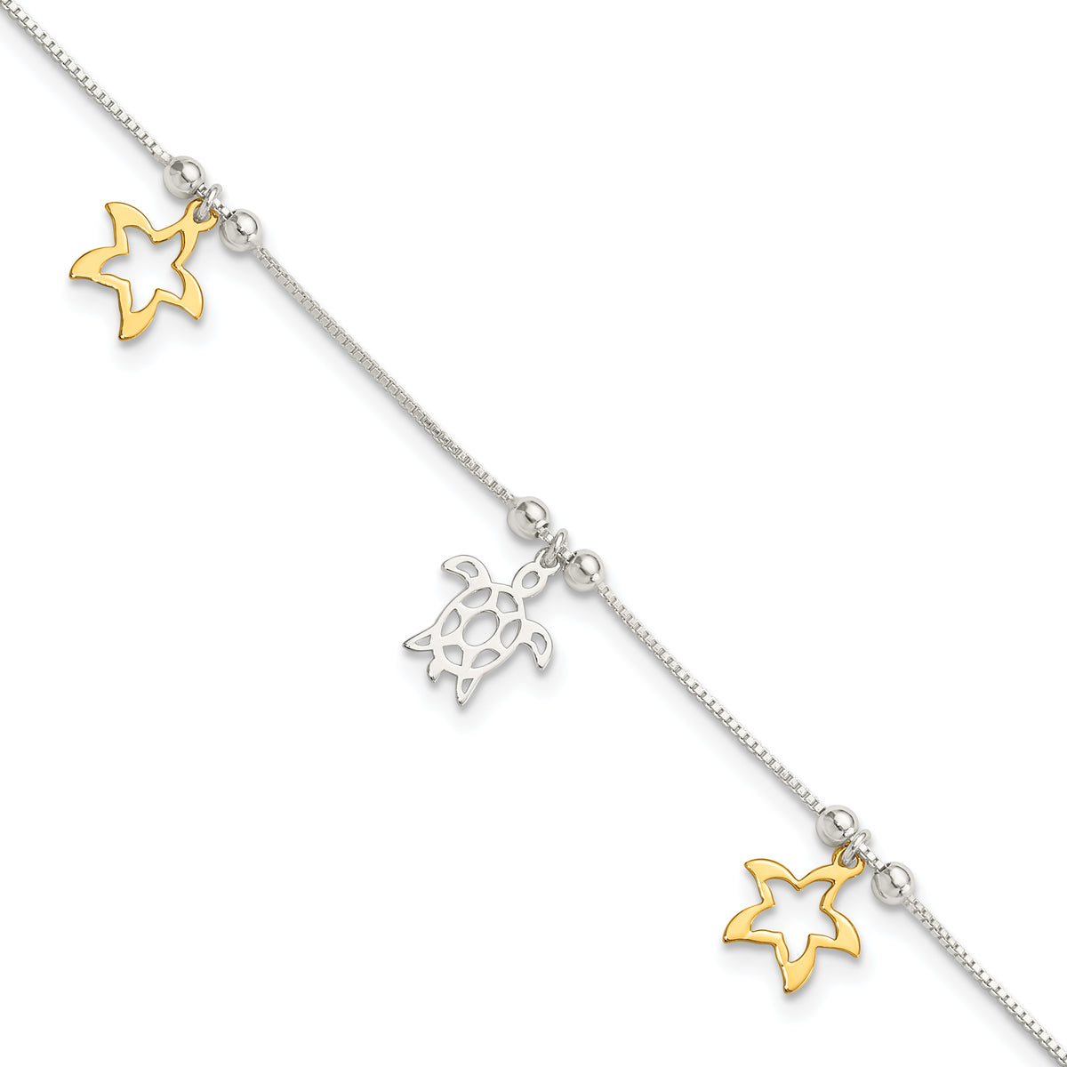 Sterling Silver Gold Tone Turtle and Starfish 9in Plus 1in ext Anklet