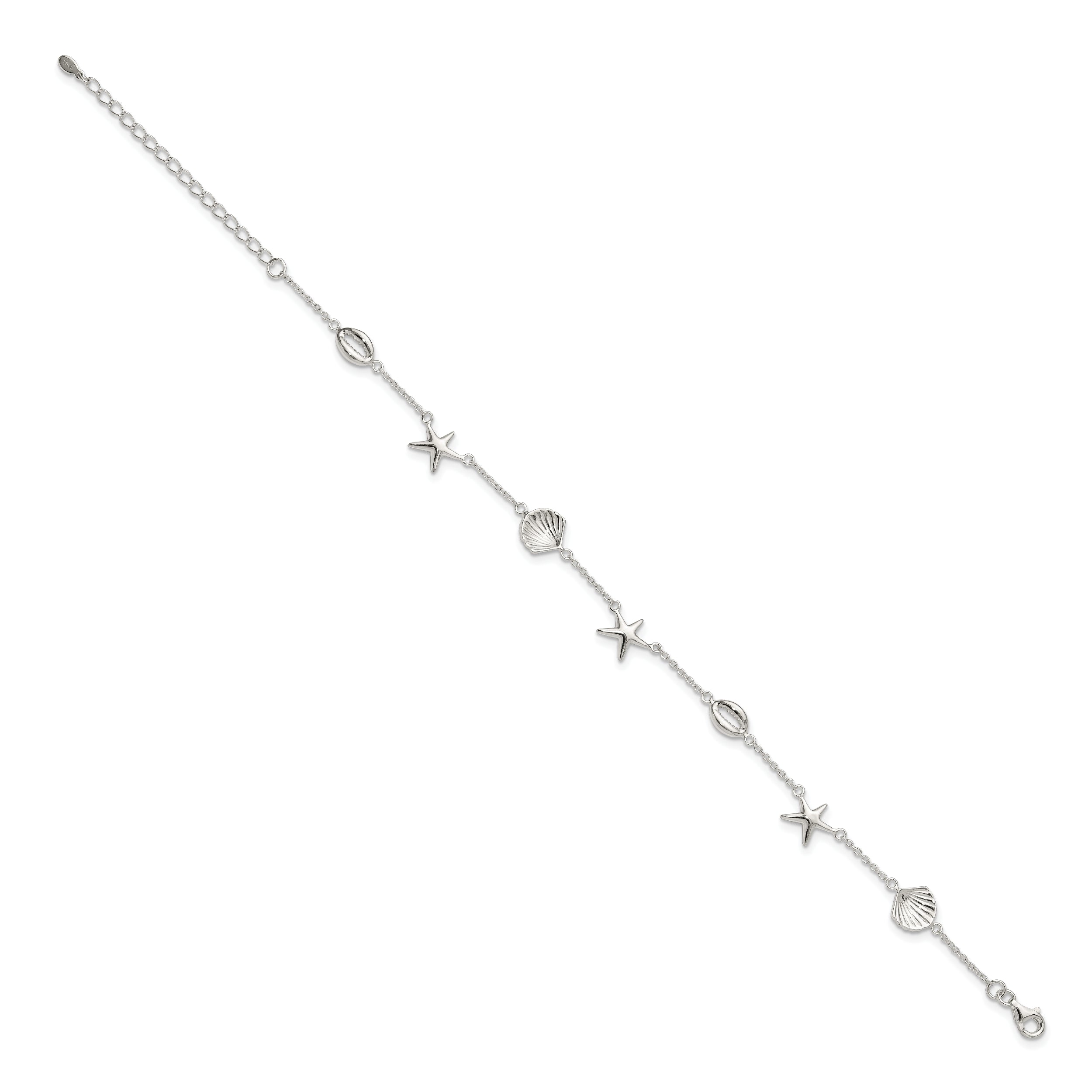 Sterling Silver Polished Sea life 8.5in Plus 2in ext. Anklet