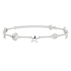 Sterling Silver Polished Sea life 8.5in Plus 2in ext. Anklet