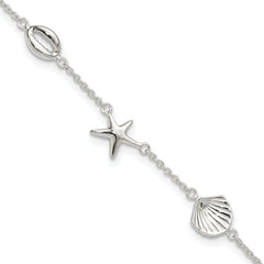 Sterling Silver Polished Sea life 8.5in Plus 2in ext. Anklet