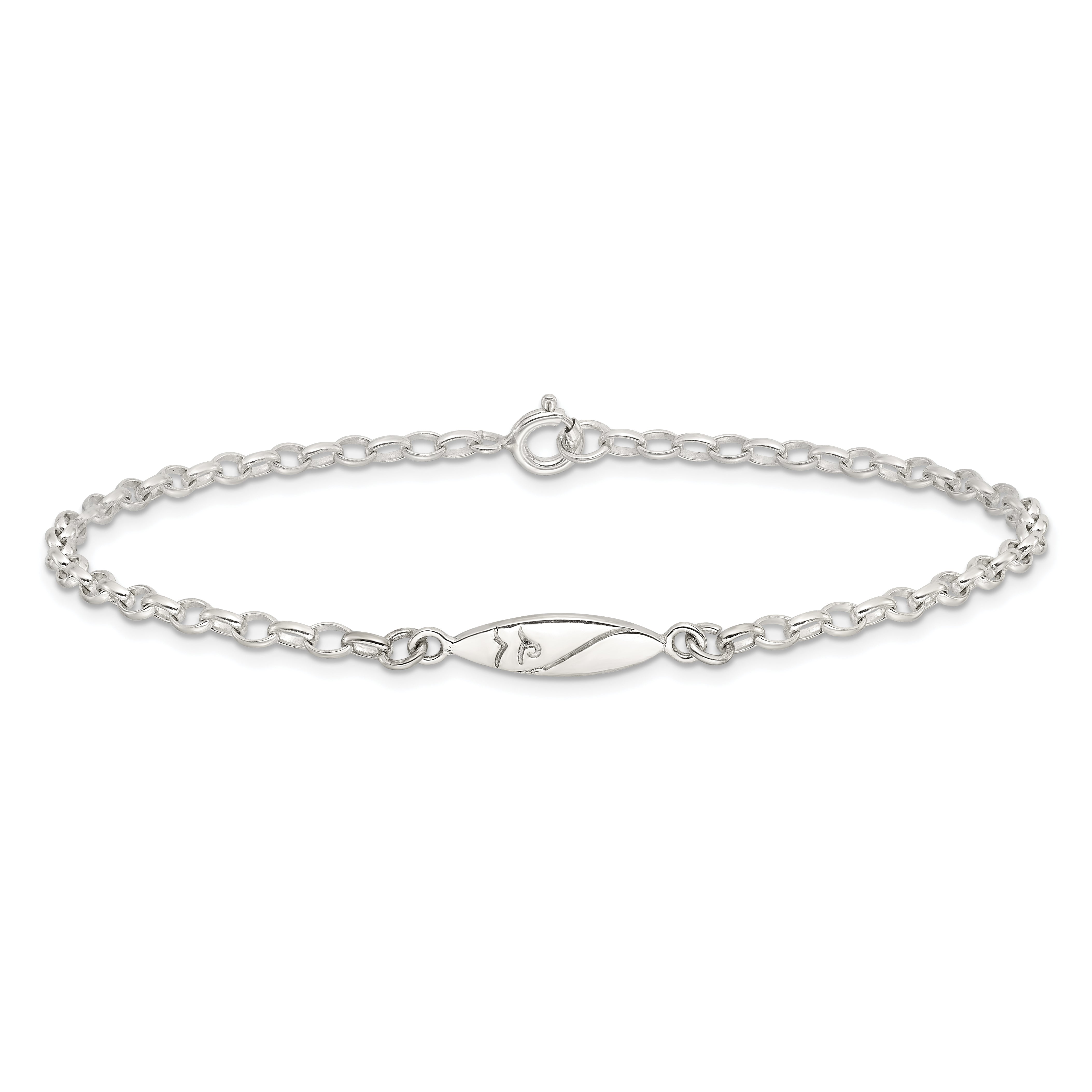 Sterling Silver Antiqued Polished Etched Pointed Oval Link Anklet