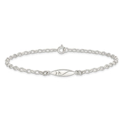 Sterling Silver Antiqued Polished Etched Pointed Oval Link Anklet