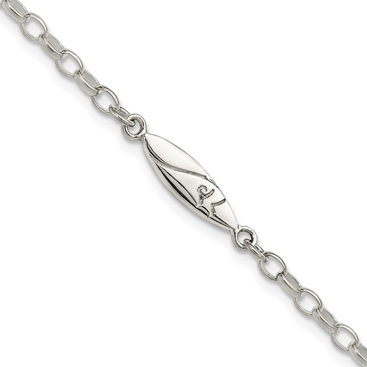 Sterling Silver Antiqued Polished Etched Pointed Oval Link Anklet