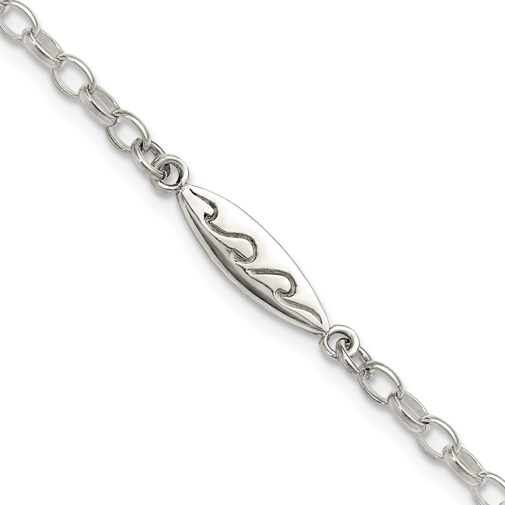 Sterling Silver Antiqued Polished Etched Waves Surfboard Link Anklet