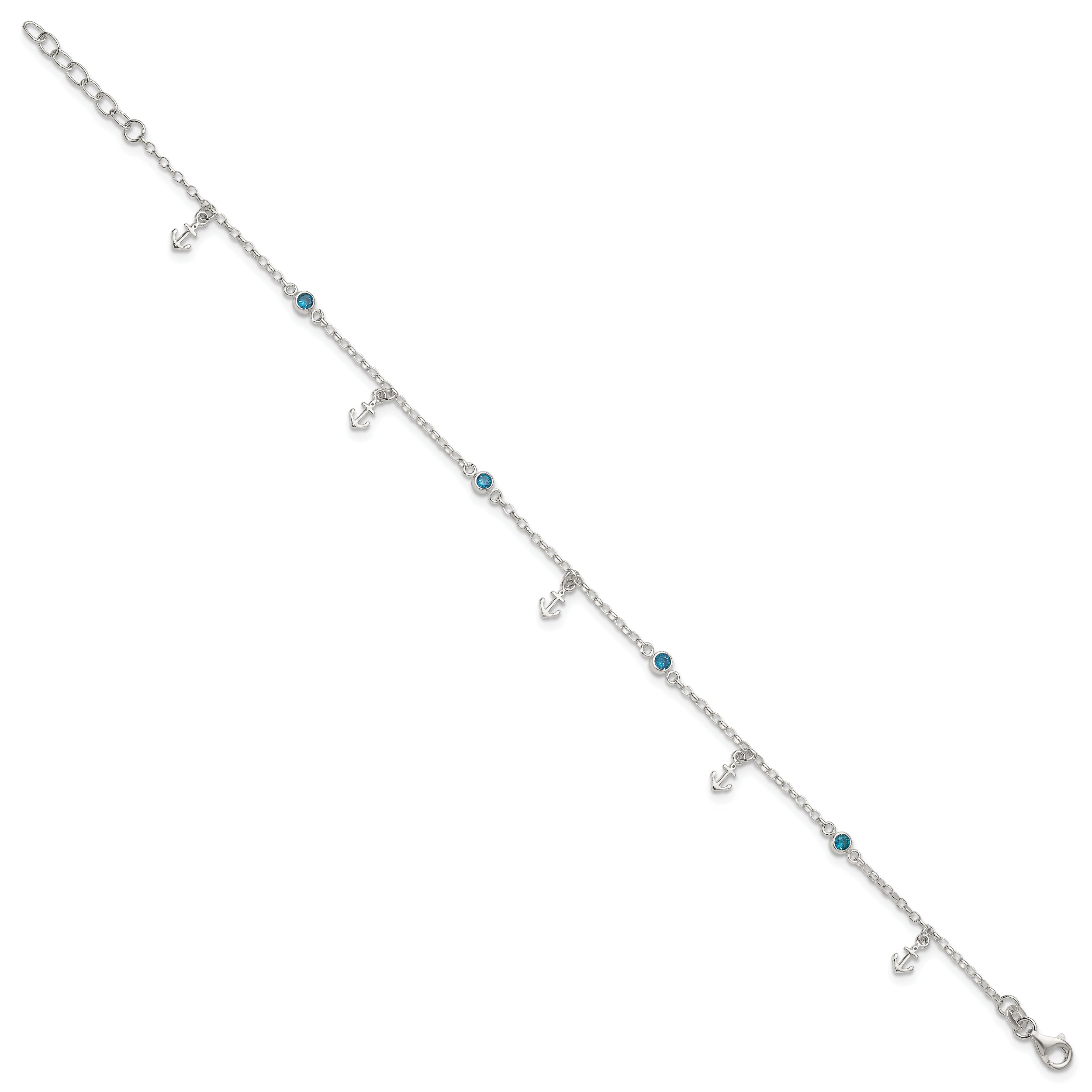 Sterling Silver Polished Blue CZ and Anchors 9in Plus 1in ext Anklet