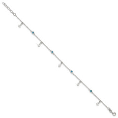 Sterling Silver Polished Blue CZ and Anchors 9in Plus 1in ext Anklet