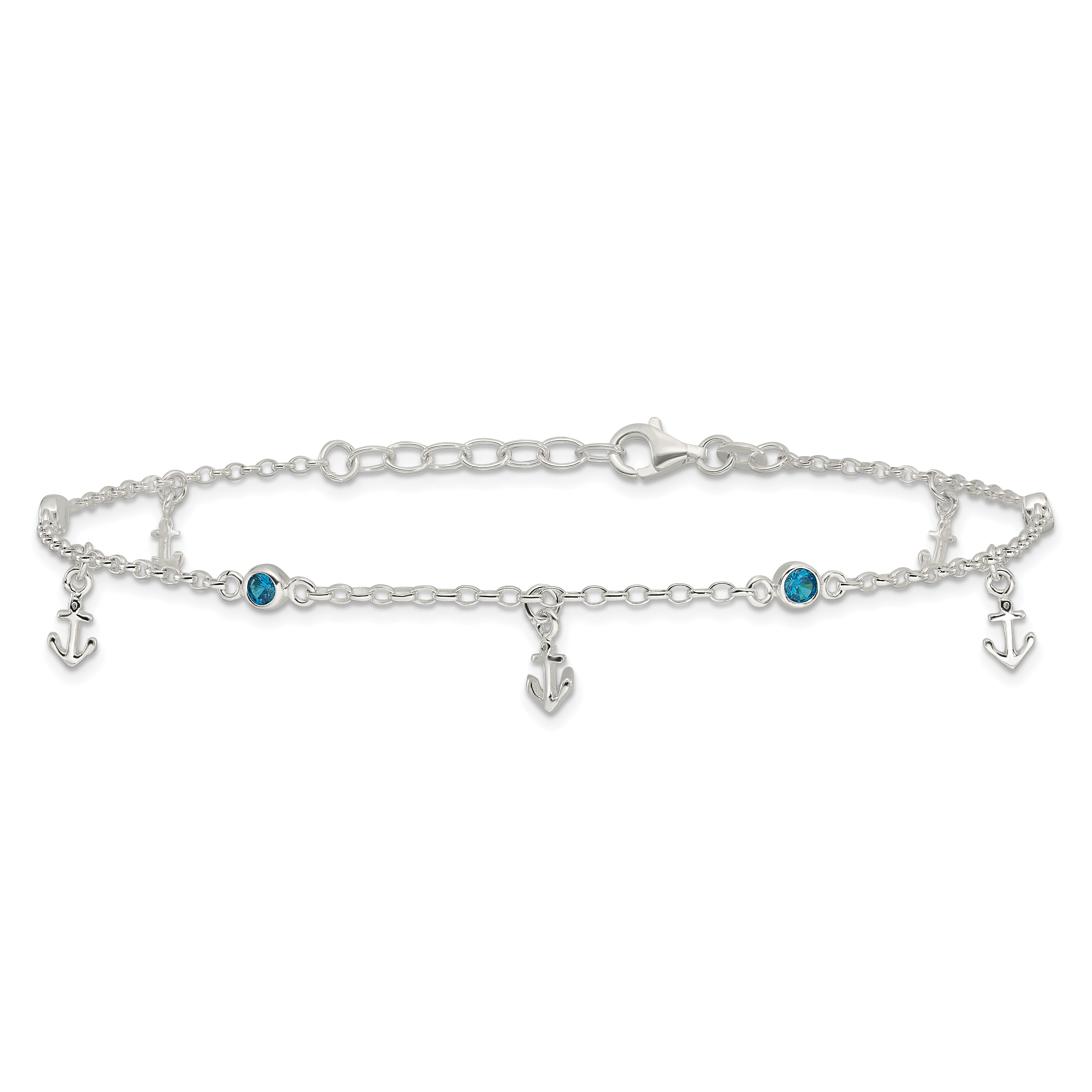 Sterling Silver Polished Blue CZ and Anchors 9in Plus 1in ext Anklet