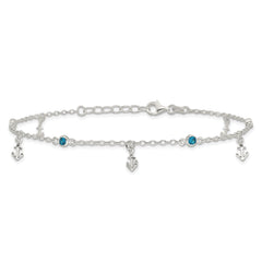 Sterling Silver Polished Blue CZ and Anchors 9in Plus 1in ext Anklet