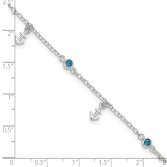 Sterling Silver Polished Blue CZ and Anchors 9in Plus 1in ext Anklet