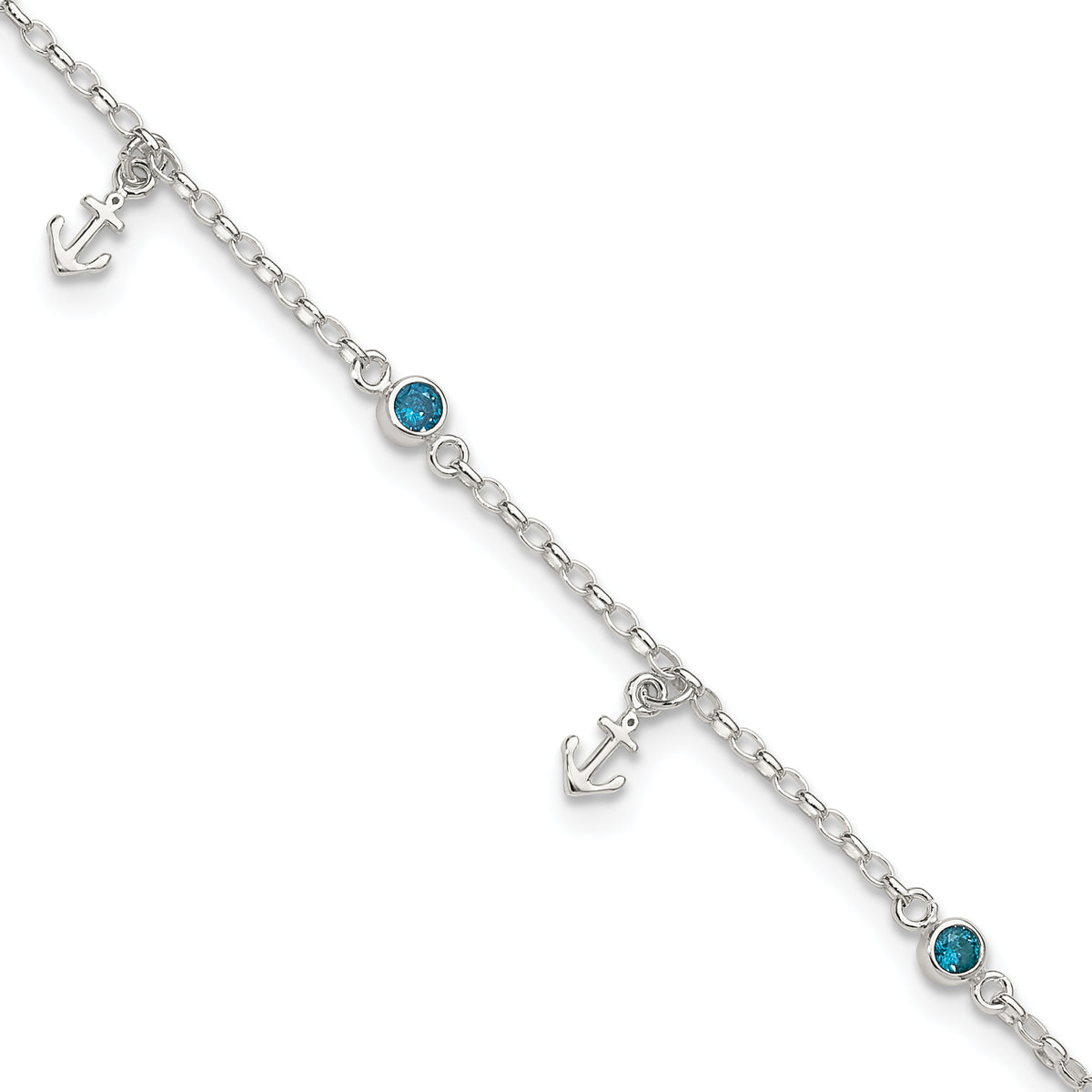 Sterling Silver Polished Blue CZ and Anchors 9in Plus 1in ext Anklet