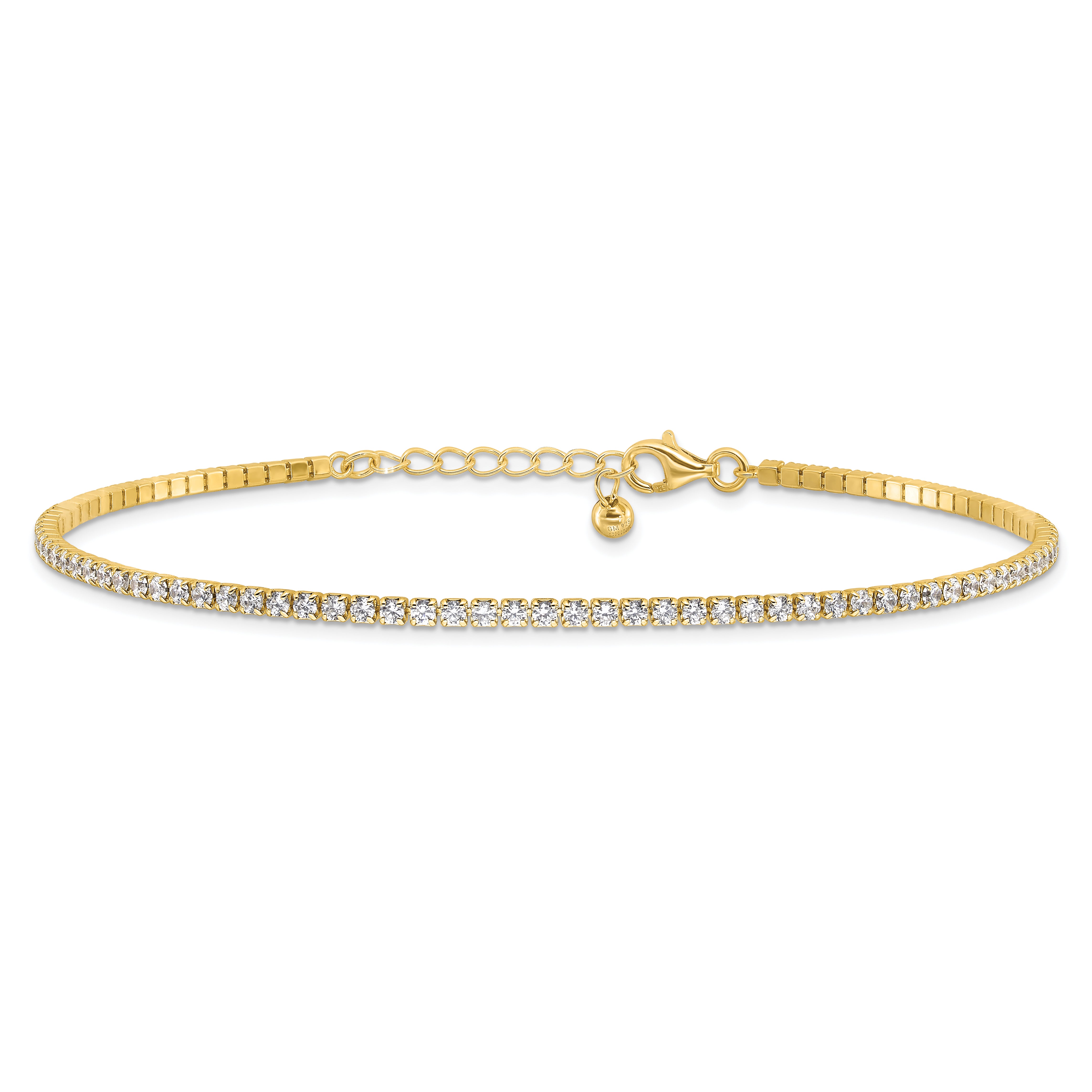 Sterling Silver Gold-tone 2mm CZ 9in Plus 1in ext Tennis Anklet