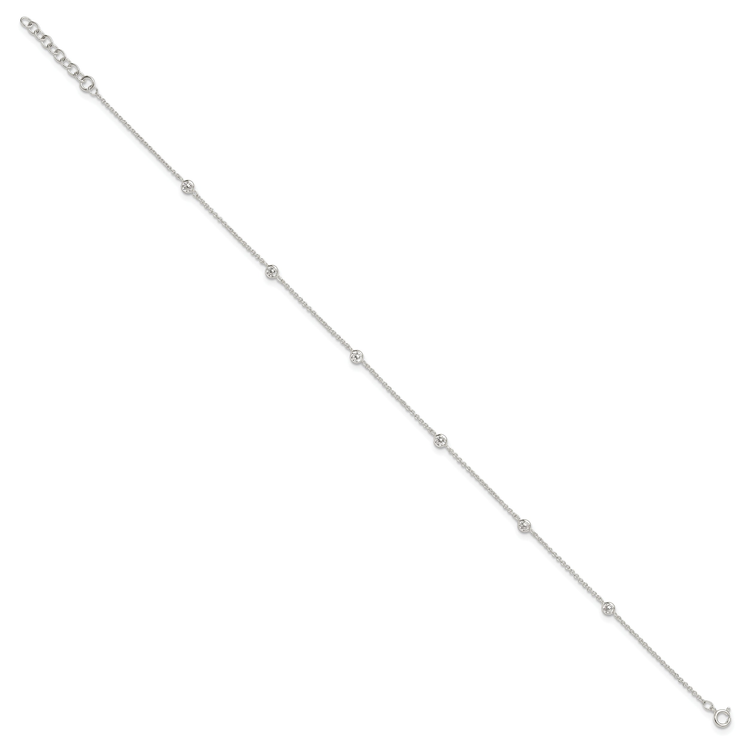 Sterling Silver E-coated CZ Stations 9.75in Plus 1in ext. Anklet