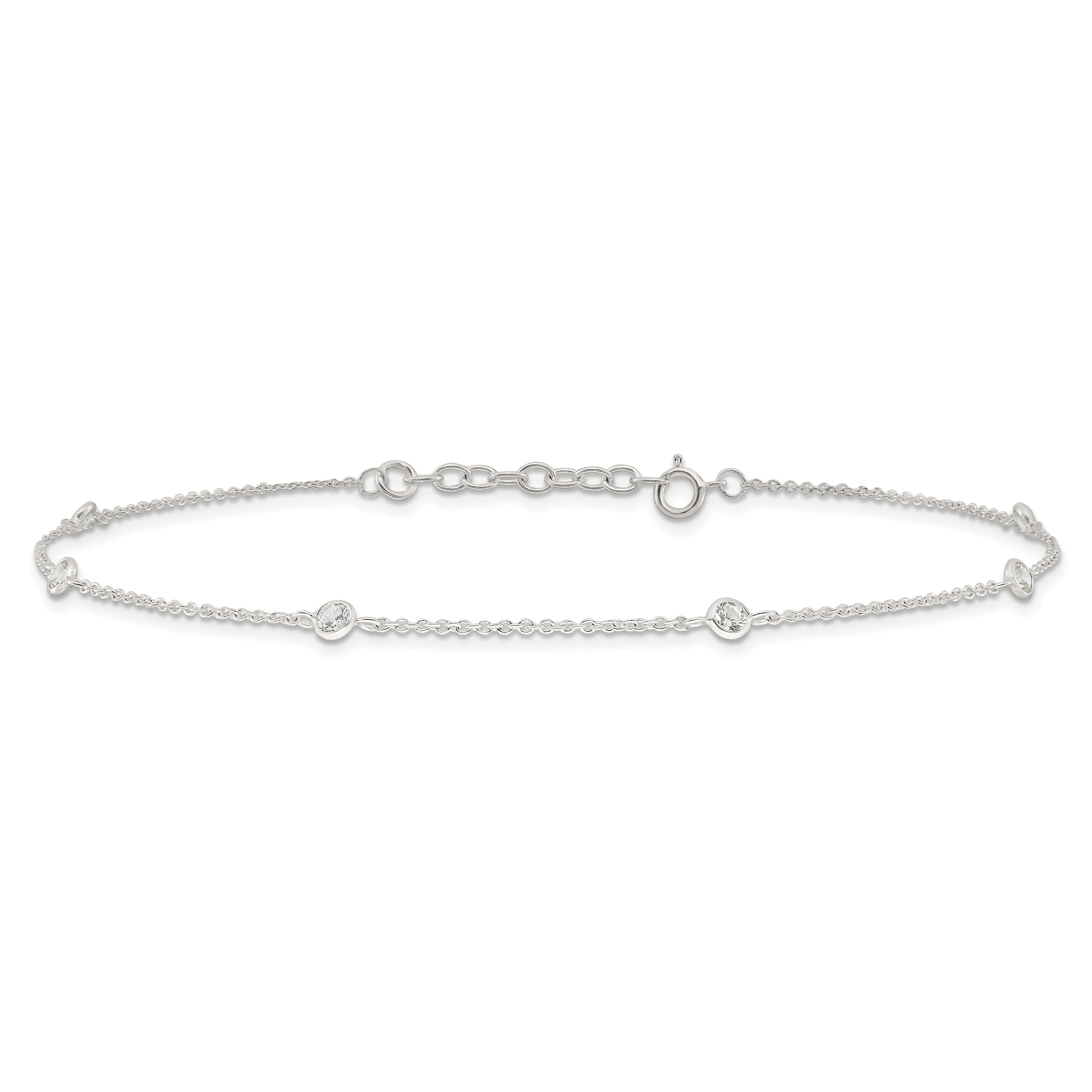 Sterling Silver E-coated CZ Stations 9.75in Plus 1in ext. Anklet