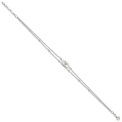 Sterling Silver Polished Created Opal Eye and Bead 9in Plus 1in ext Anklet