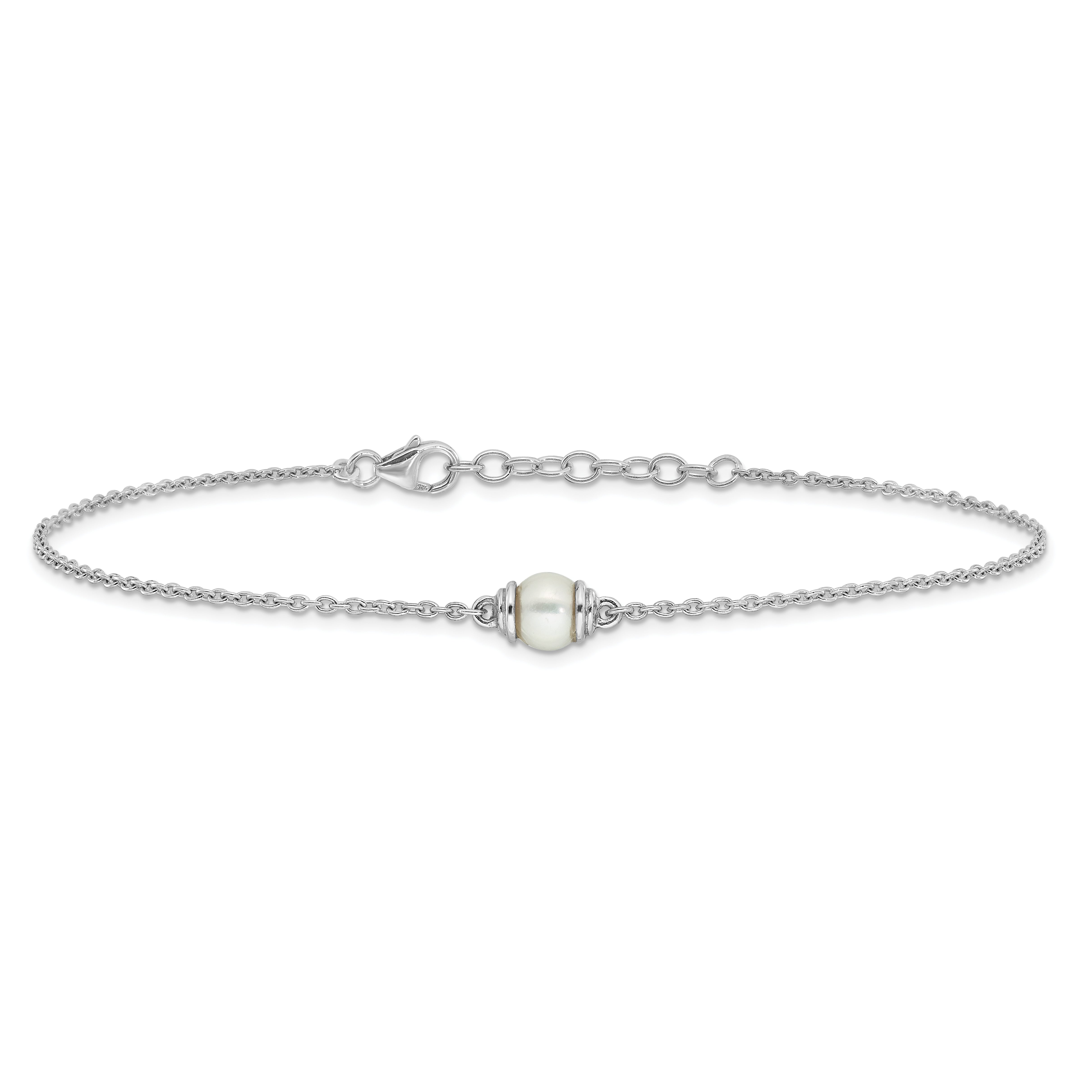 Sterling Silver Rhodium-plated FWC Pearl 9in Plus 1in ext Anklet