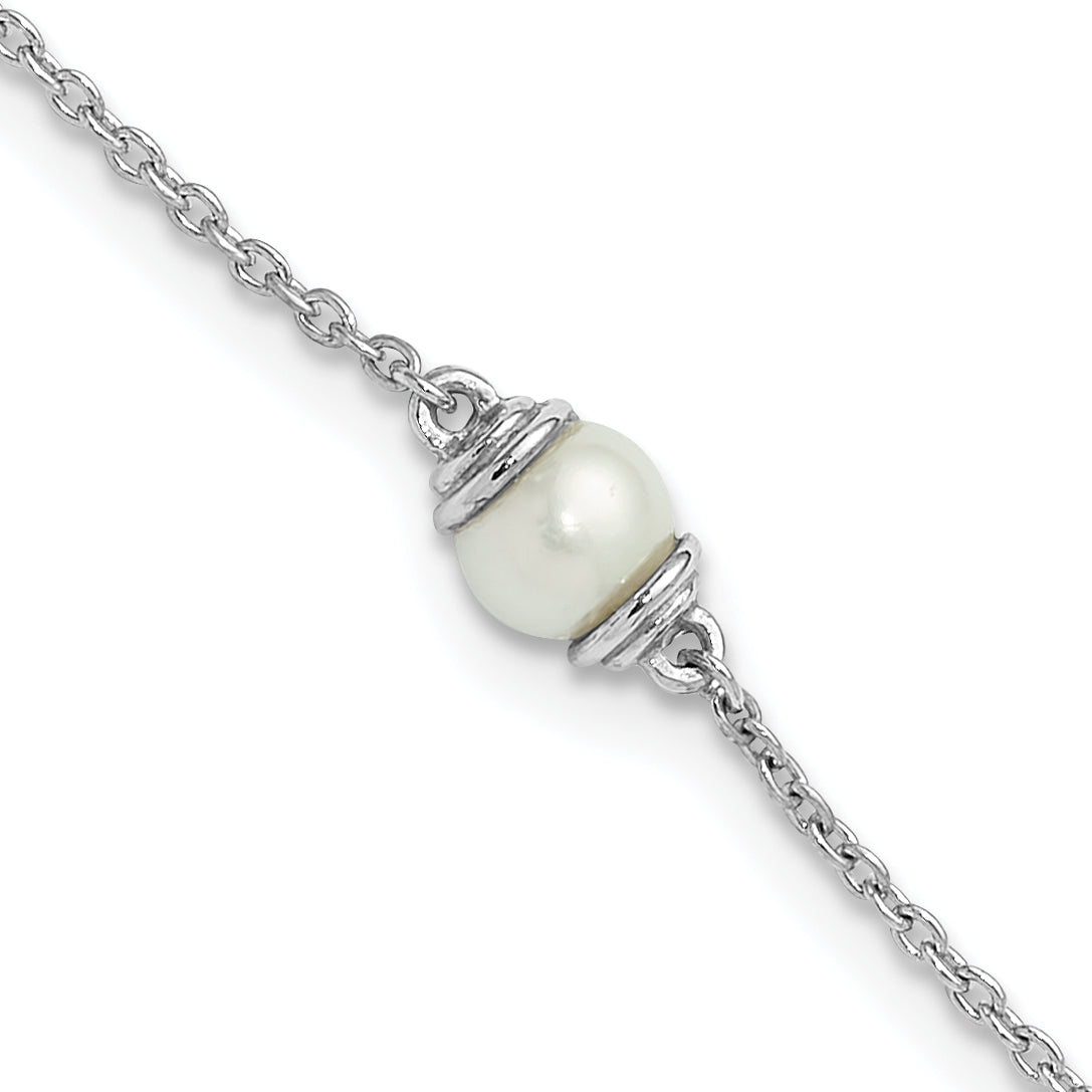 Sterling Silver Rhodium-plated FWC Pearl 9in Plus 1in ext Anklet