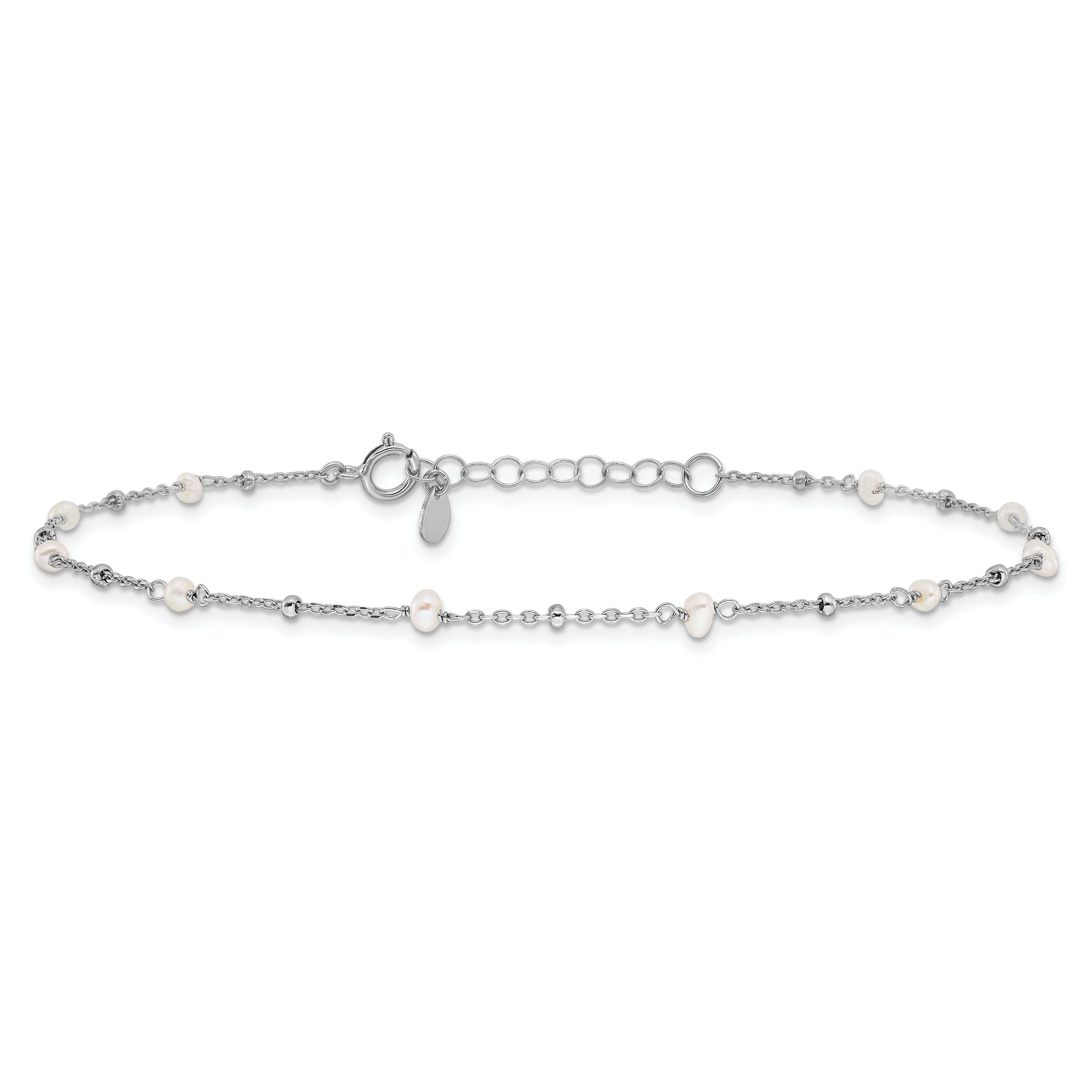 Sterling Silver Rhodium-plated 3mm FWC Pearl 9in Plus 1in ext Anklet