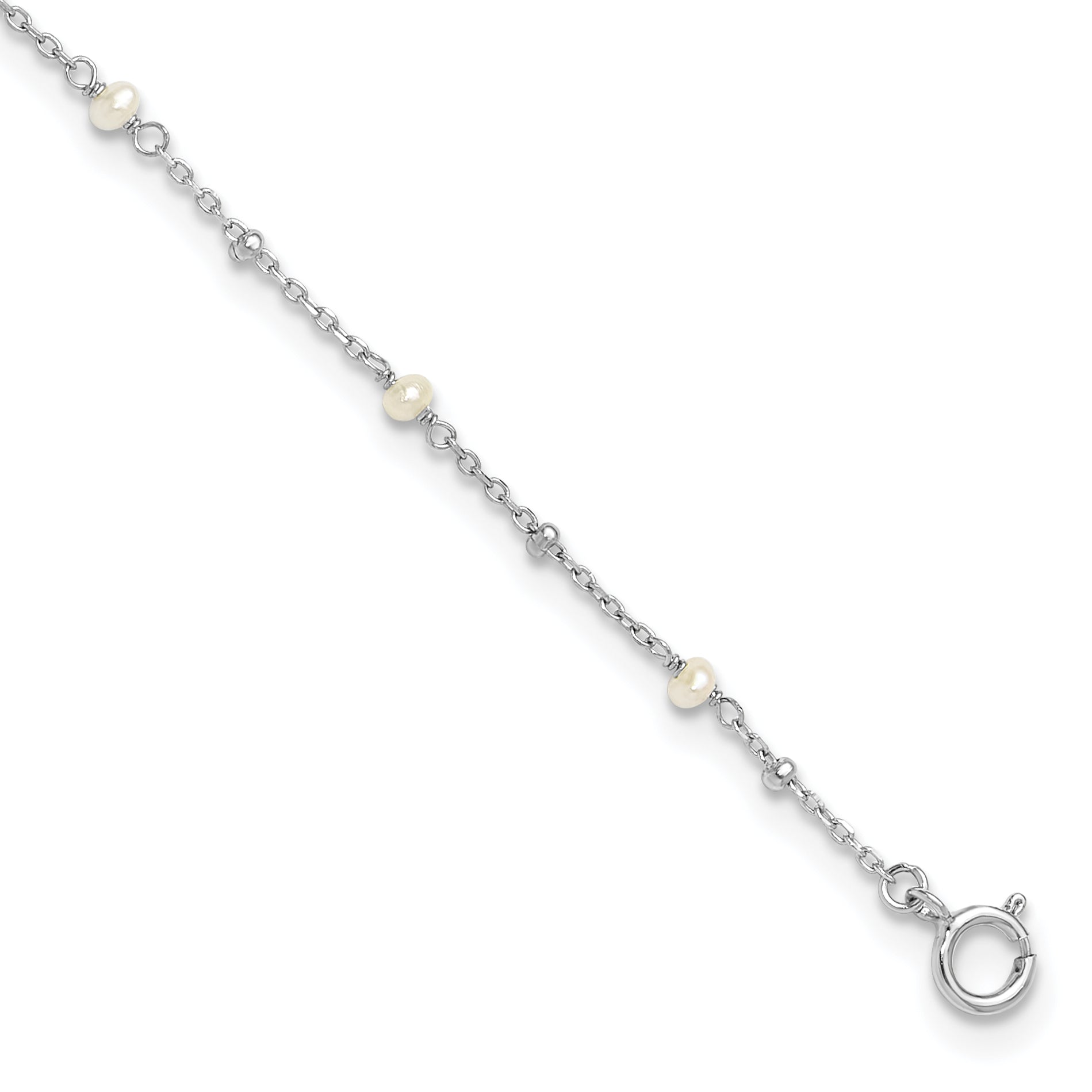 Sterling Silver Rhodium-plated 3mm FWC Pearl 9in Plus 1in ext Anklet