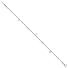 Sterling Silver Rhod-plated Pink CZ/Glass Beads 9in Plus 1in ext Anklet