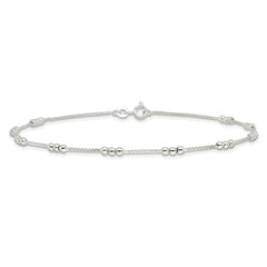 Sterling Silver Polished Beaded Box 10in Anklet