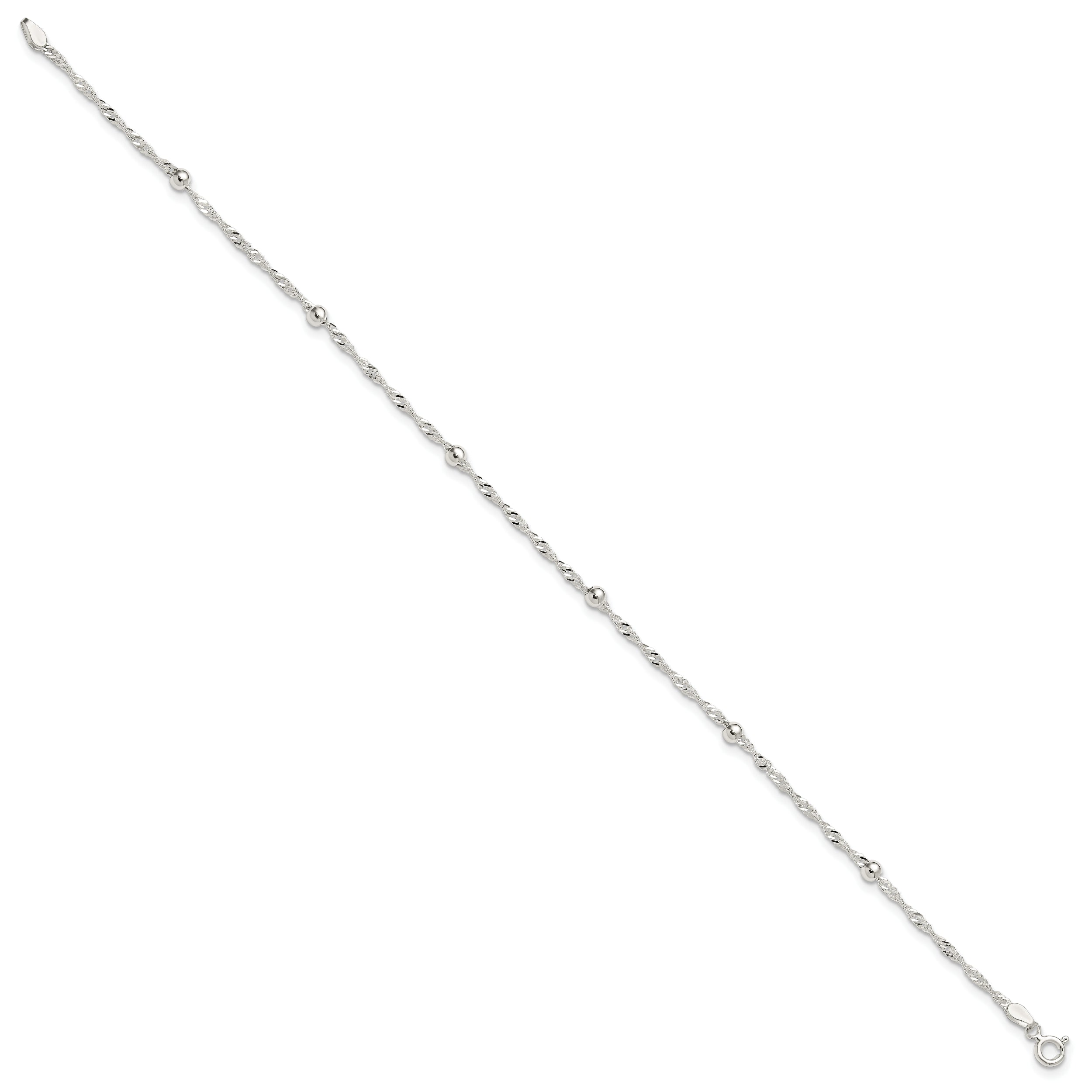 Sterling Silver Polished Beaded Singapore 10in Anklet