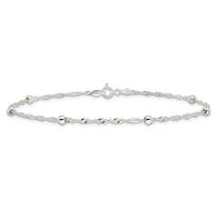 Sterling Silver Polished Beaded Singapore 10in Anklet