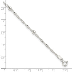 Sterling Silver Polished Beaded Singapore 10in Anklet