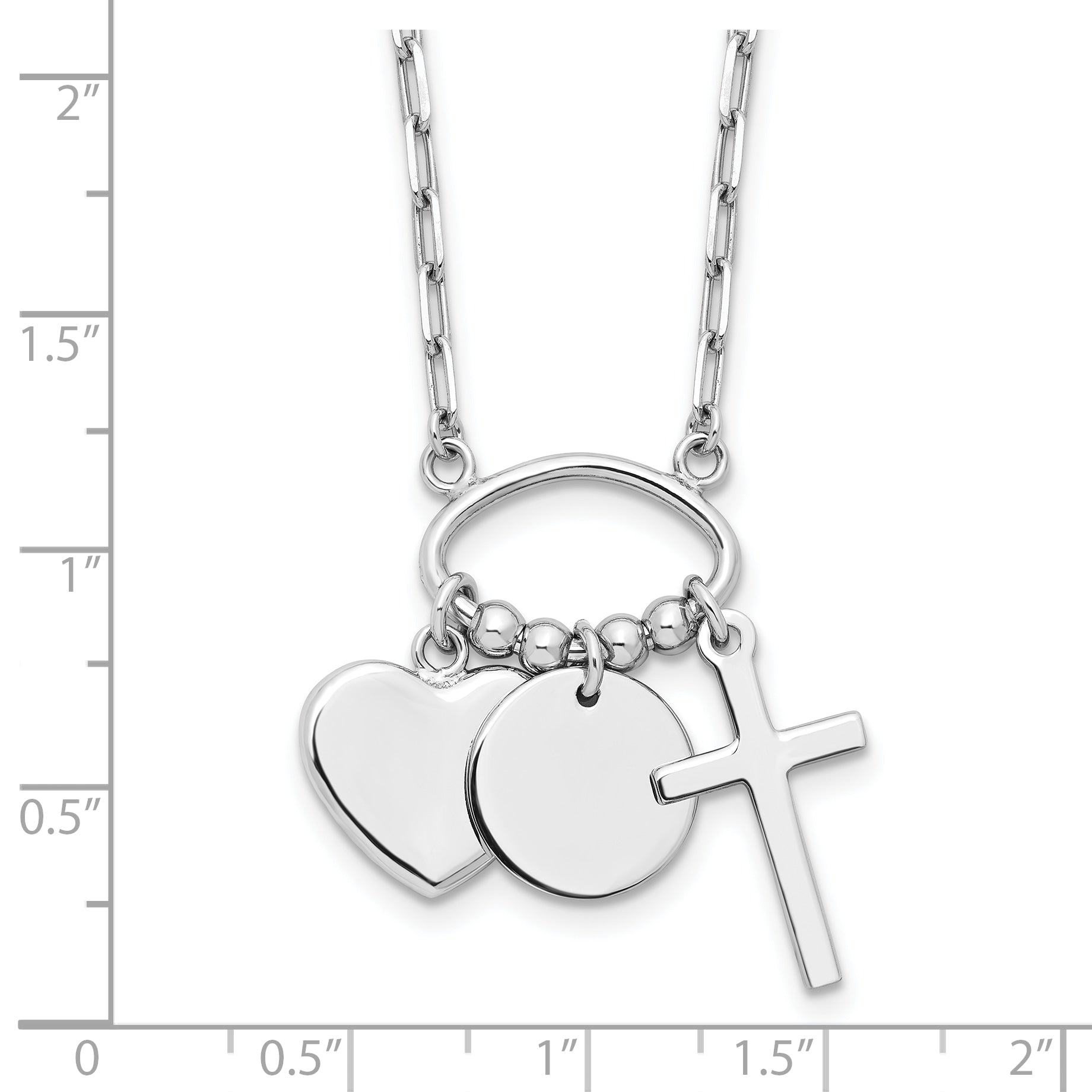 Sterling Silver Rhodium-plated Round Heart Cross Discs 32in Necklace