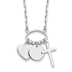 Sterling Silver Rhodium-plated Round Heart Cross Discs 32in Necklace