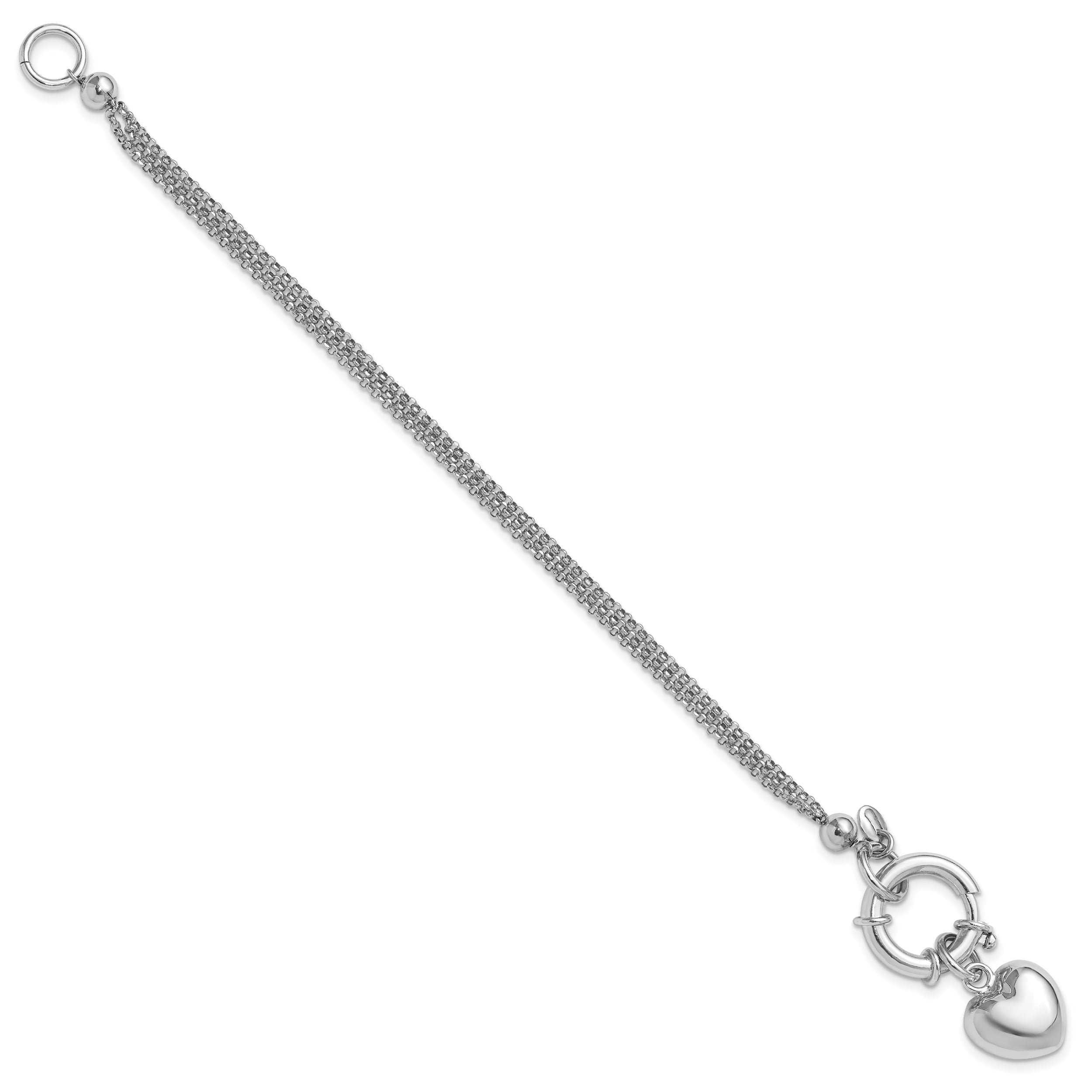 Sterling Silver Rhod-plated Polished Puff Heart Dangle 6.5in Bracelet